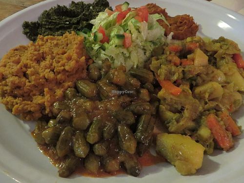 All vegan dishes on one big plate for a group to share at Almaz in Saarbrucken