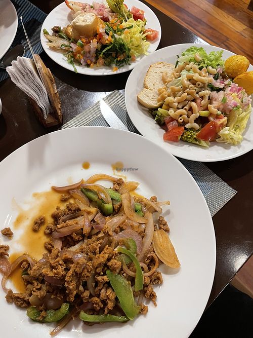 Soy meat main dish & sides from the buffet  at Sabor Cochabambino in Potosi
