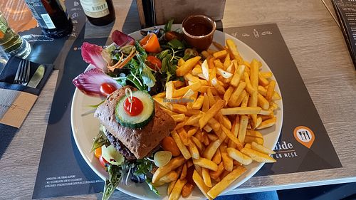 Op verzoek vegan burger met salade en friet at De Piramide in Opende