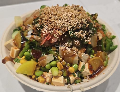 Vegan Poke Bowl with tofu and edamame at Ohana Poké Shop in Marion