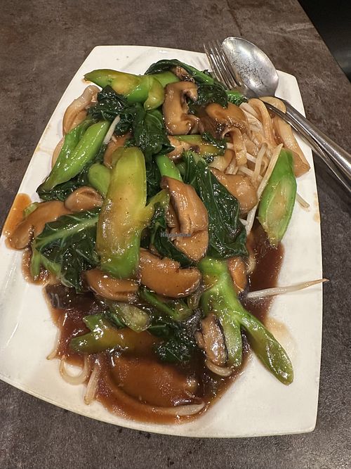 Shiitake and broccoli wok fried noodles  at Mi  in Richmond