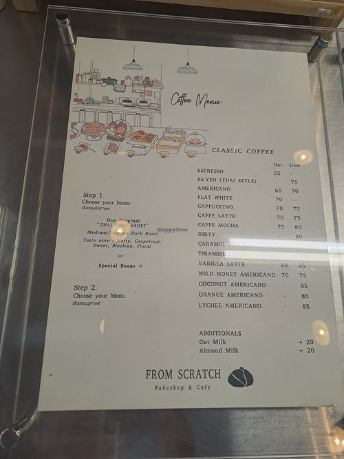 Menu with plant based milk at From Scratch Bakeshop & Café in Khon Kaen