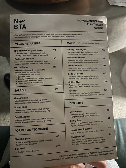 Mostly vegan menu  at NBTAHOUSE in Tangier