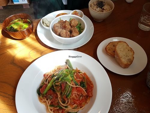 today's pasta set and fried soy meat set from the lunch menu at Pole Pole in Tokyo