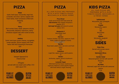 Menu with the vegan Leonardo pizza  at Leigh Sawmill Cafe in Leigh