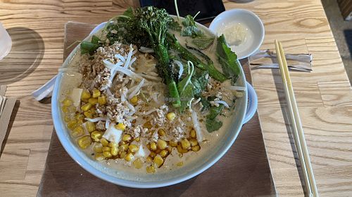 Vegan Ramen with garlic and spicy sauces on the sidee  at HiroNori Craft Ramen in Santa Fe Springs
