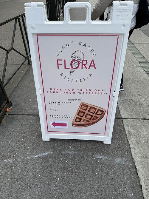 Signboard advertising the business and their waffles  at Flora Gelateria in San Francisco