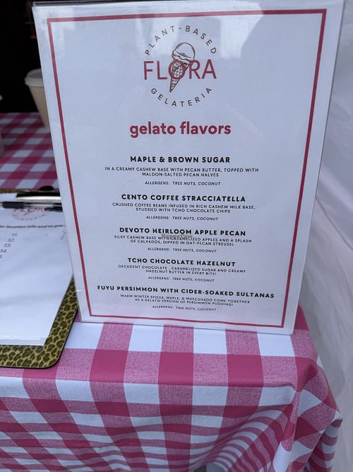 Flavor list: maple and brown sugar, coffee stracciatella, apple pecan, chocolate hazelnut, and persimmon cider sultana  at Flora Gelateria in San Francisco