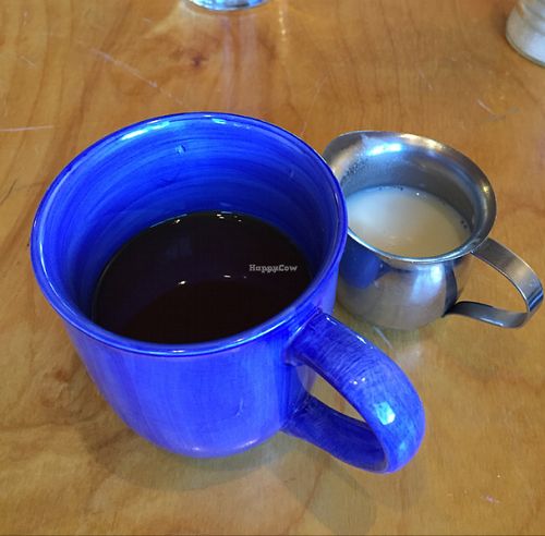 coffee and soy milk (also option of almond milk) at Farmhouse Cafe and Bakery in El Prado