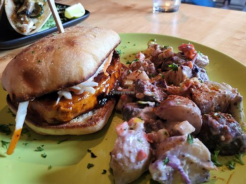 Bbq chick sandwich with potato salad at Mike's Cafe and Wine Bar in San Juan Island