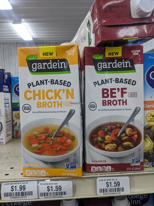 Gardein brand vegan soup broths at Grocery Surplus Store in Thompson Falls