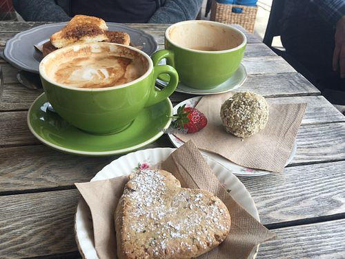 Soy F/W with vegan pistachio shortbread and tahini ball.  at Jazz Apple Kitchen in Glenbrook