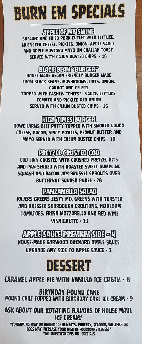 Specials Menu at Burn 'Em Brewing in Michigan City