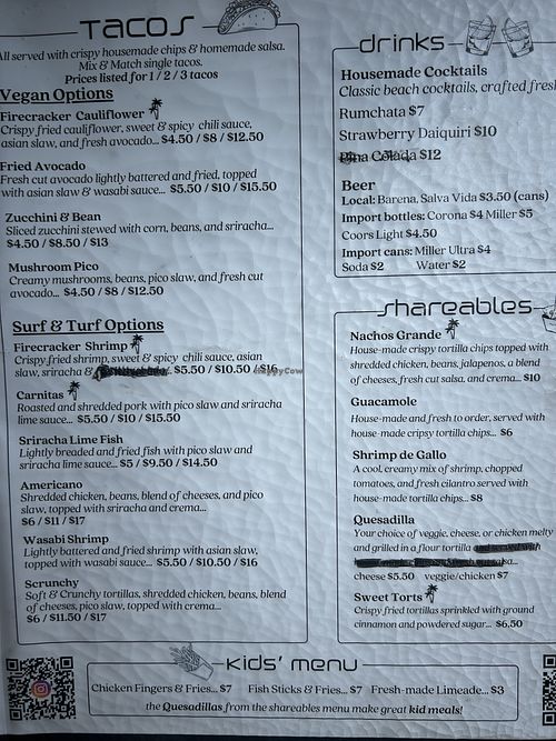 Menu starts with vegan options   at Totally Taco in Roatan