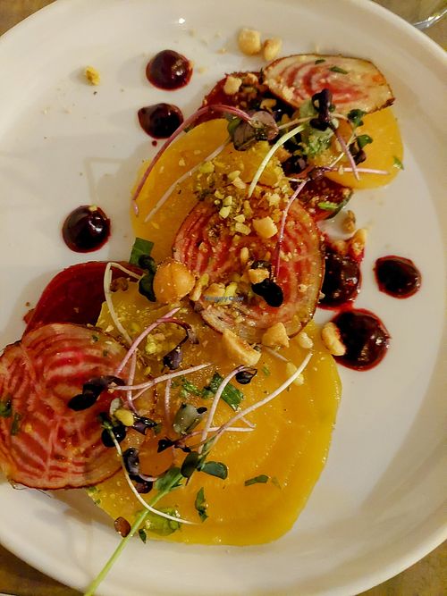 Beets 3 ways with microgreens and pistachios, made special for a DelVal Veg dinner. Menu has a similar dish that may be able to be customized; ask! at Bella Trattoria in Spring City