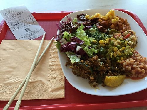 Plate of buffet food at 108 in Ljubljana