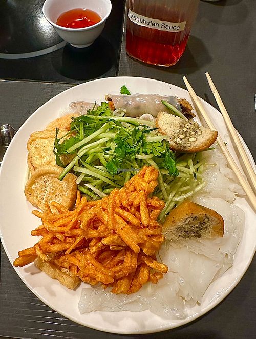 The crepe combo, delicious!! Rice crepes, fried sweet potato fritters, fried dough with mung bean, lots of peached sprouts, shredded cucumber, herbs, and vegan fish sauce   at Tay Ho  in Santa Clara