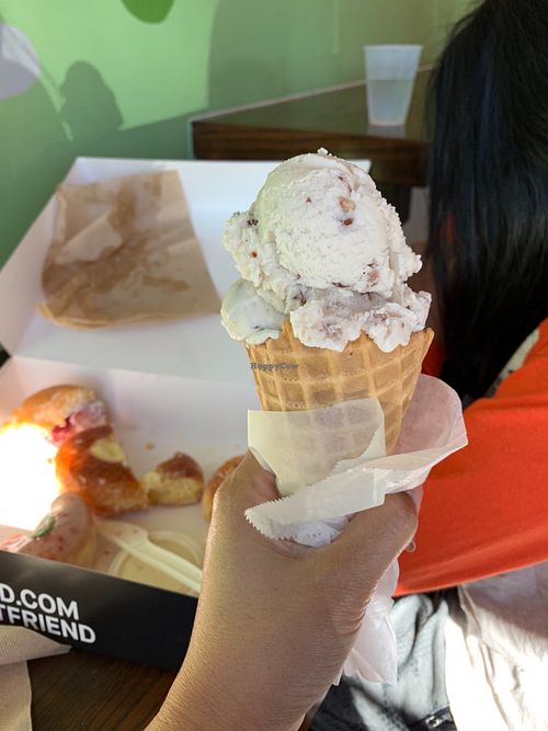 Butter pecan in waffle cone. They give you a lot! The ice cream is also not too sweet. at Donut Friend - Highland Park in Los Angeles