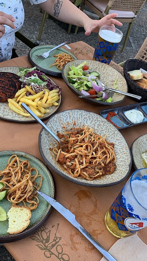 Vegan bolognese and veggie patty  at El Greco Skiathos in Skiathos