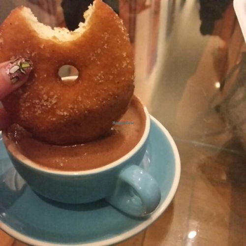 Vegan donut dipped into Vegan Italian Hot Choc!! at Gelato Blue in Newtown