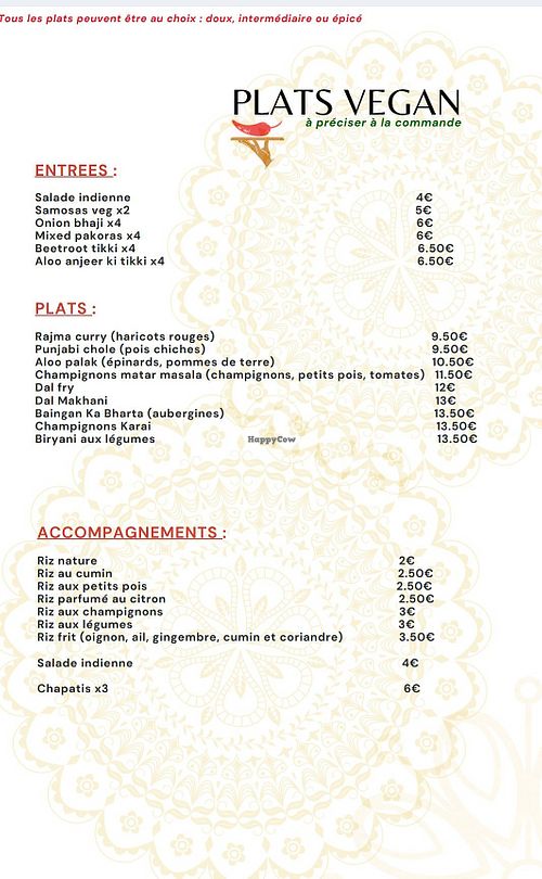 The vegan menu at Spice Lounge in Saint-etienne