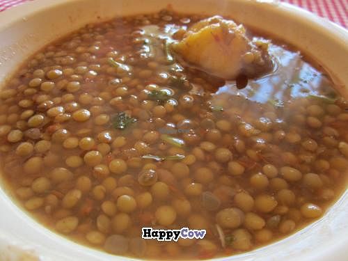 lentils with greens and - surprise! - plantain at Comedor Familiar Vegetariano in Mexico City
