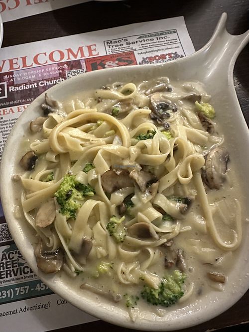 Vegan Alfredo. No charge to add broccoli, small up charge to add sautéed mushrooms.   at Old Hamlin Restaurant in Ludington