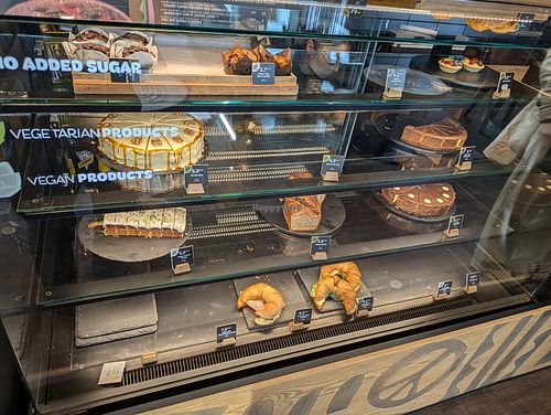 Today's food and pastry selection, with vegan and vegetarian options clearly marked, at Tucano Coffee Berlin at Tucano Coffee in Berlin