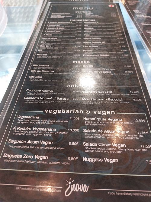 Menu at Inova Beach in Azurara