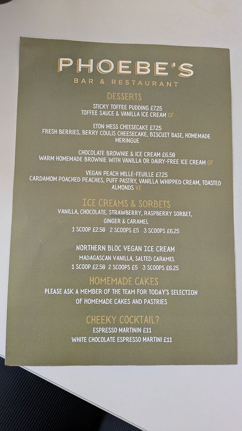 Menu at Phoebe's in Skipton