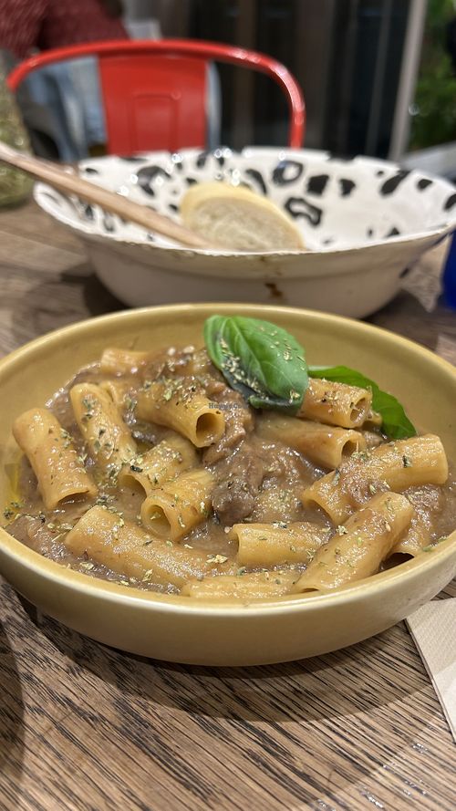 Seitan with pasta  at Pan y Circo in Sevilla