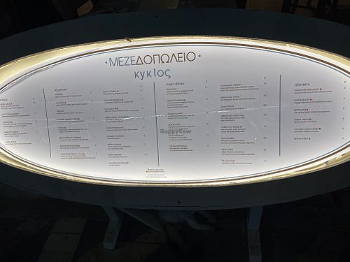 Menu with clearly labeled vegan options  at Mezedopoleion Kyklos in Protaras