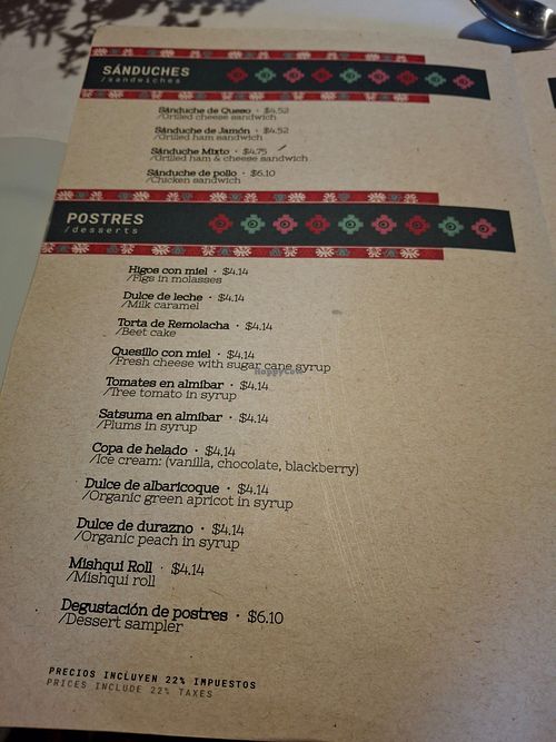 Menu at Posada Ingapirca in Canar