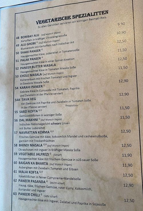 Veg menu page with marked vegan options at Indianfusion Bar & Restaurant  in Munich