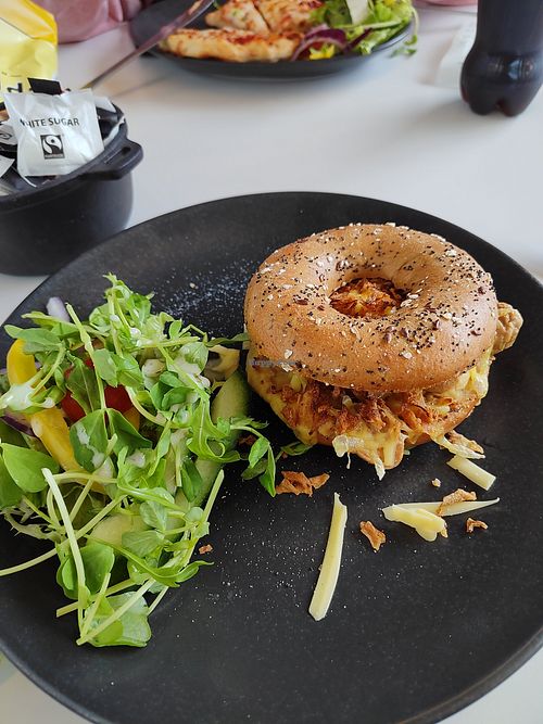 Vegan sausage bagel at Cegin Cafe in Bangor