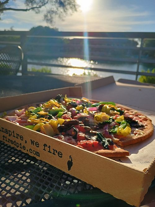 Outdoors terrace with lake view at Fired Pie in Chandler