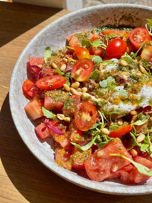 Tomatoe tartar with burrata, red pesto and green pesto at El Petit in Tossa De Mar