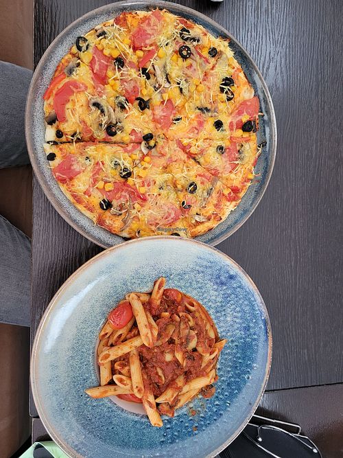 Vegetarian Pizza (it's actually vegan) and Panne (also vegan) at Terra Bistro  in Vatra Dornei