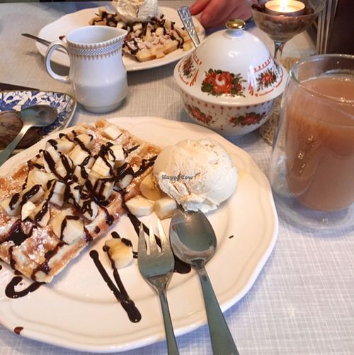 banana waffles with choc sauce and ice cream at Cafe Hibiskus in Cologne