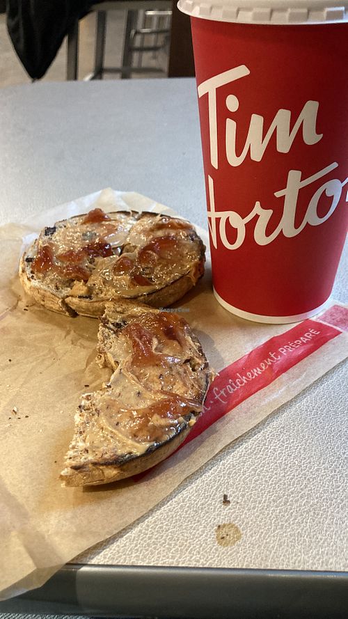 PB & J on a cinnamon and raisin bagel   at Tim Hortons  in Niagara Falls
