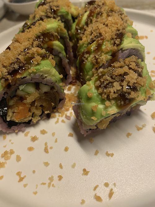 Sweet potato roll. Eel sauce is vegan. It’s just “sushi sauce”   at Harumi Sushi Bar in Phoenix