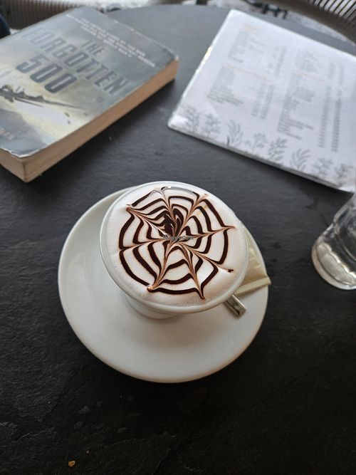 cappuccino with oat milk. sometimes its 0.40 extra at Coda Pastry & Brunch in Ulcinj