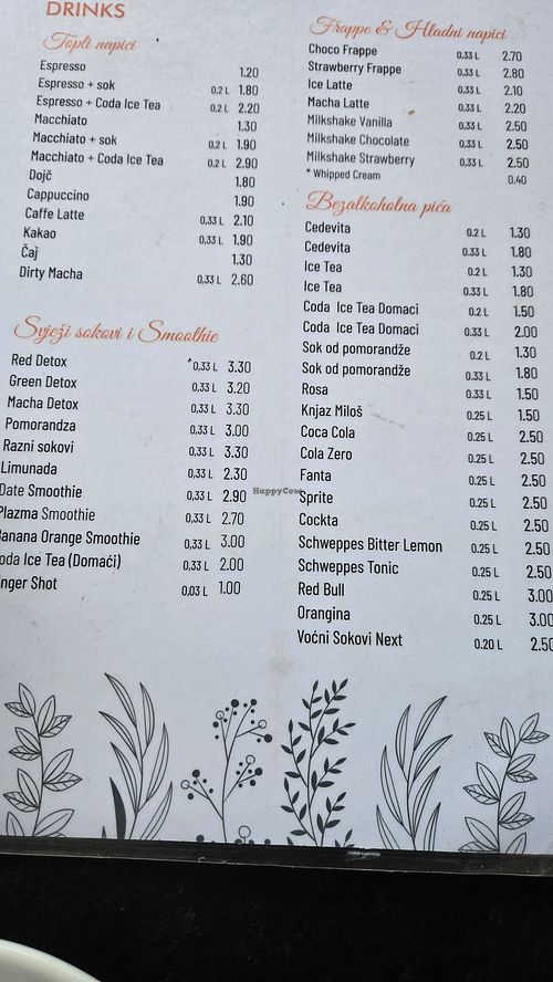 menu at Coda Pastry & Brunch in Ulcinj