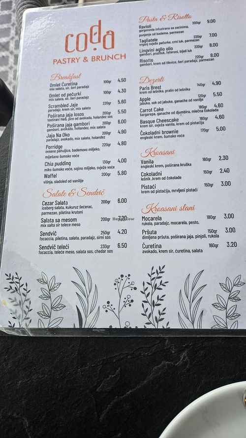 menu at Coda Pastry & Brunch in Ulcinj