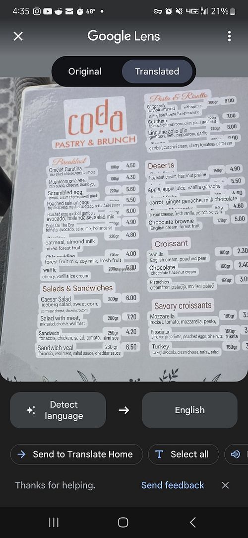 translated menu at Coda Pastry & Brunch in Ulcinj