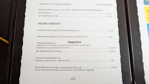 Vegan section of the menu, September 2025 at Cafe Restaurant Glenthof in Imst