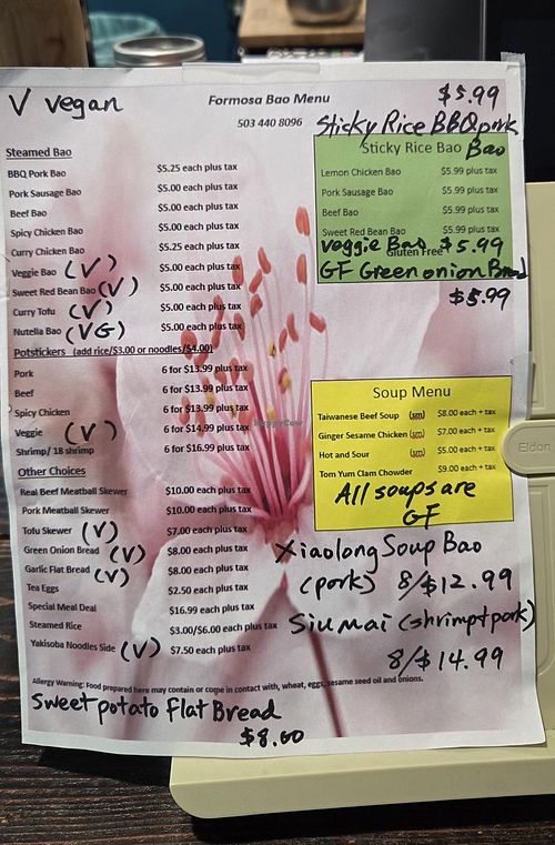 Some of the items written in Sharpie (e.g. sweet potato flat bread) are also vegan, even though they aren't marked with a V. Just let them know you are vegan! at Formosa Bao in Long Beach
