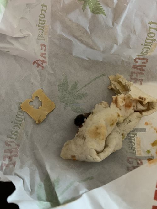 Veggie and hummus wrap with the bread tie that was found in the middle of it  at Tropical Smootie Cafe in North Myrtle Beach