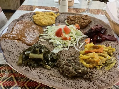 vegetarian platter / combo, includes some salad and the red thing is beets!  at Gojo Ethiopian Restaurant in San Jose
