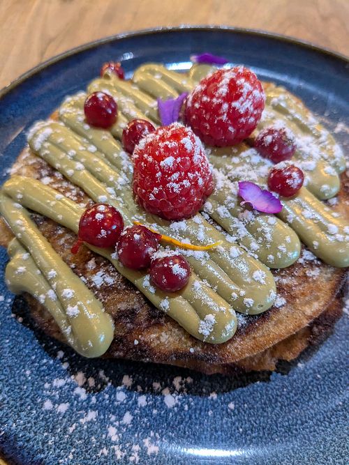 Vegan pancakes with pistachio cream at La Cultural Brunch Vigo  in Vigo